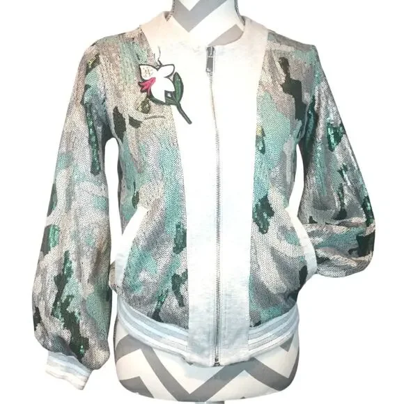 BOSTON PROPER XXS CAMO SEQUIN EMBELLISHED VARSITY FULL ZIP JACKET - Picture 1 of 12
